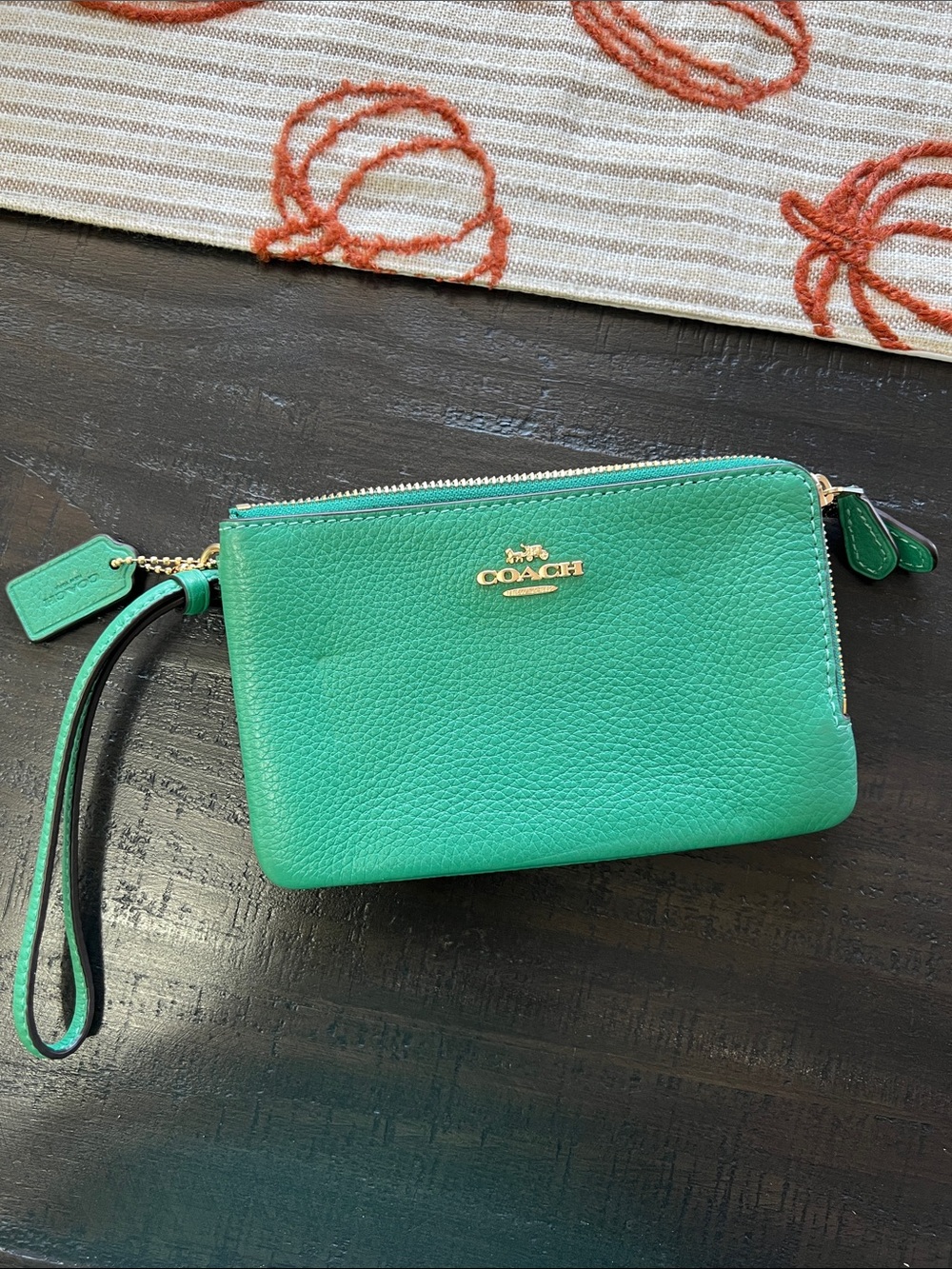 Coach Kelly Green Pebbled Leather Wristlet with Gold Logo